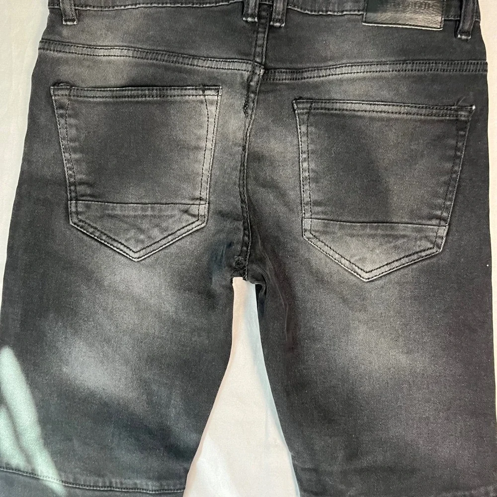 Mad Blue Mens Moto Biker Skinny Jeans Black Faded Ribbed Knee 32x33